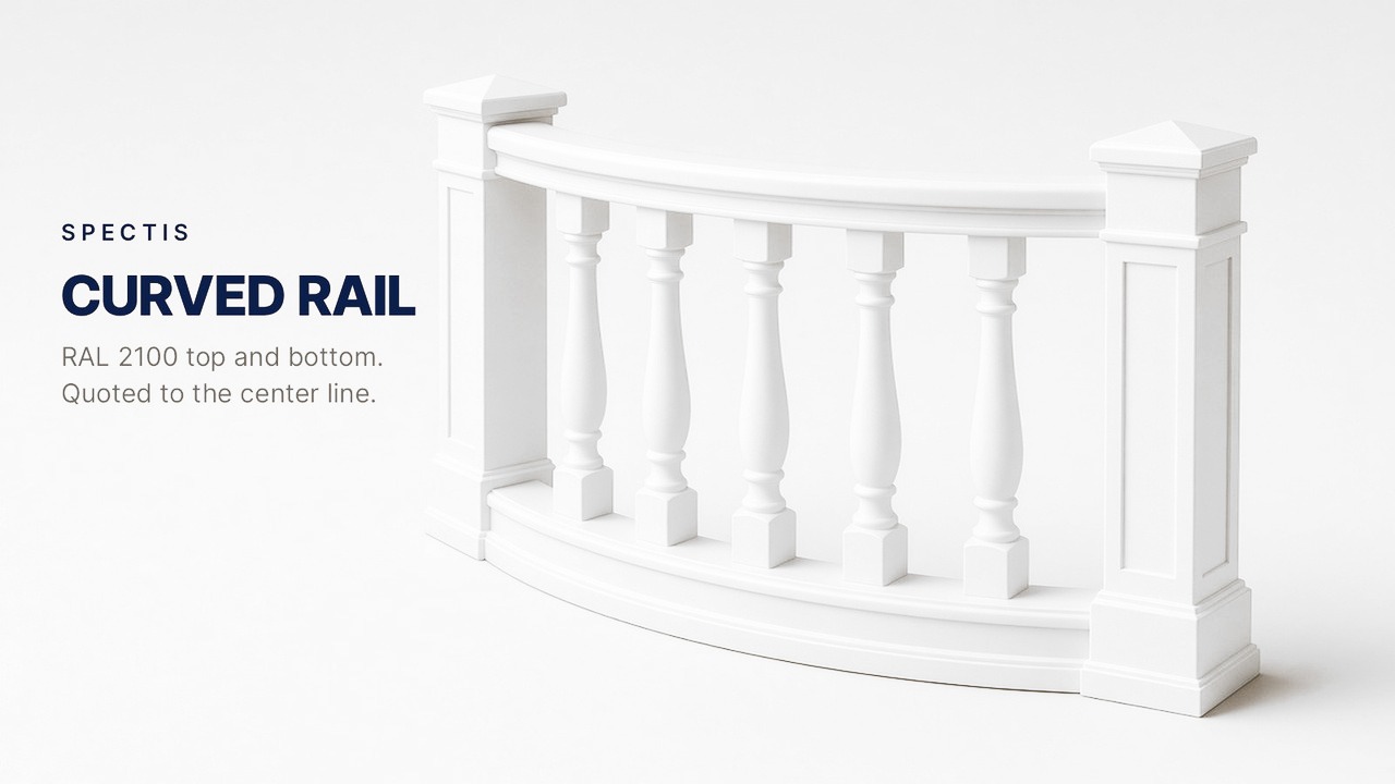 Curved rail, RAL 2100 top and bottom, quoted to the center line.