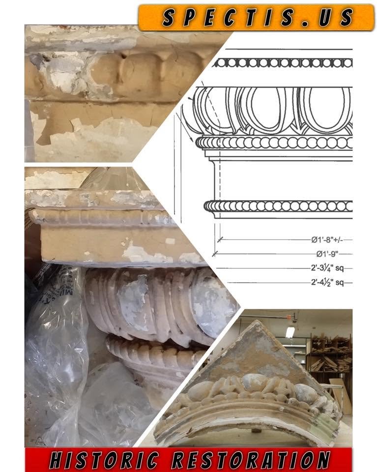 Damaged original column capital and cornice pieces beside a dimensioned drawing for a historic restoration