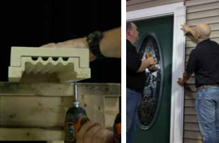Screwing a plinth block to the back of a Spectis pilaster, then setting the pilaster beside the door